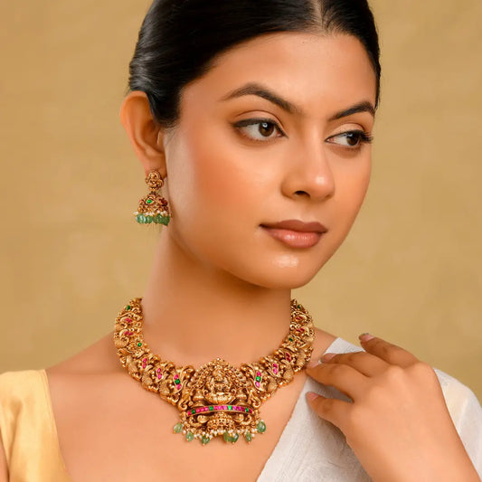 Shakti Mandala Kantha Short Necklace Set | Gold-Plated Temple Jewellery J-1051