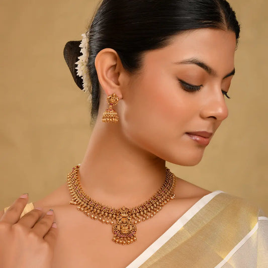 1 Gram Gold Short Necklace Set | Beaded Temple Necklace with Pearl