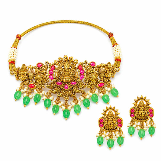 Lakshmi Temple Jewellery Bridal Choker Set with Emerald Bead Drops