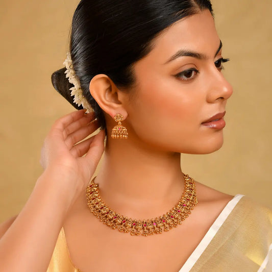 1 Gram Gold Temple Necklace Set | Antique Floral Link Necklace