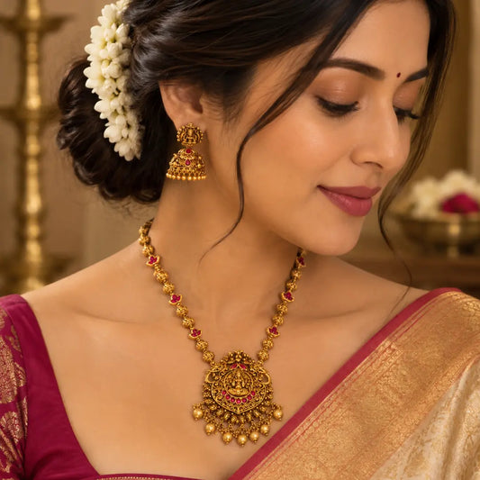 Nandini Haram | Gold-Plated Sacred Cow Temple Necklace Set J-981