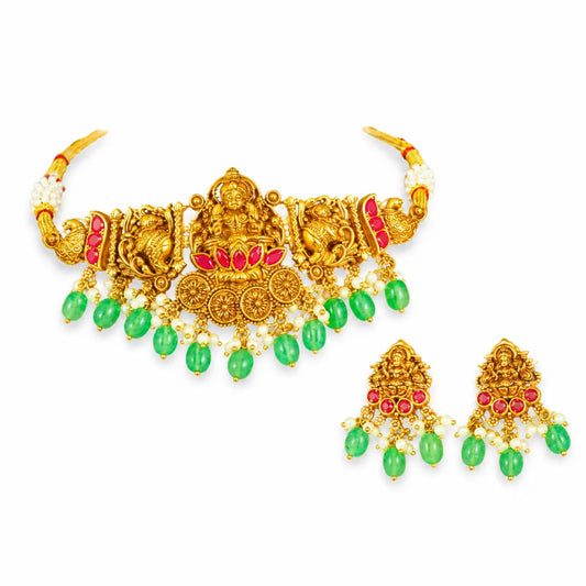 Lakshmi Temple Jewellery Bridal Choker Set with Green Stone Drops