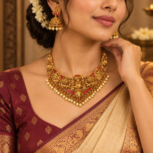 1 Gram Gold Short Necklace Set | Peacock Lakshmi Pearl Border Design J-1055