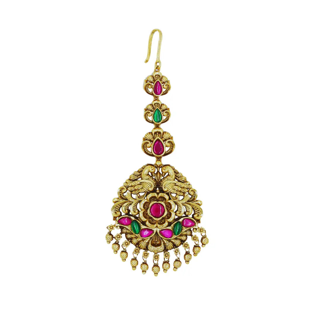 Antique Gold Plated Maang Tikka with Pink Stones R-1775