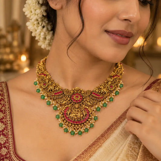 Navaratna Pushpa Haar Short Necklace Set | Gold-Plated Temple Jewellery J-866