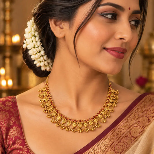Gajalakshmi Rekha Haar Short Necklace Set | Gold-Plated Temple Jewellery k-1863