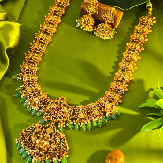 Antique Lakshmi Temple Long Necklace Set with Green Beads L-90