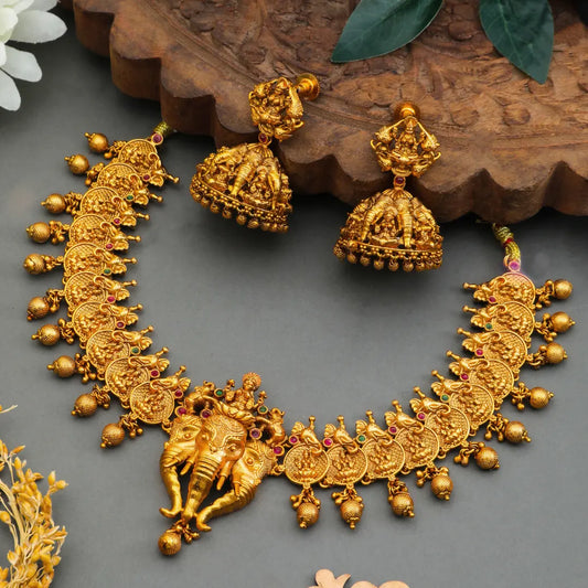 Elephant & Lakshmi Temple Short Necklace Set – Antique Finish K-629