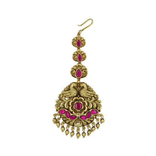 Antique Gold Plated Maang Tikka with Pink Stones R-1775