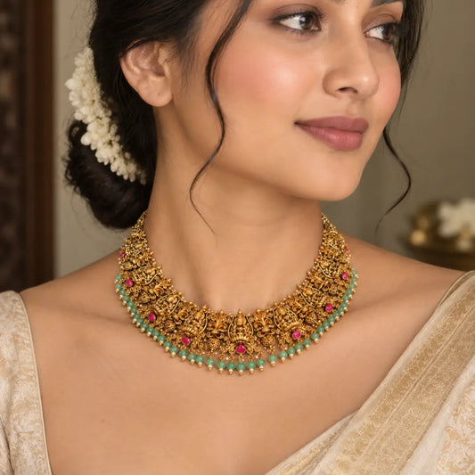 Lakshmi Temple Jewellery Short Necklace Set with Green Beads J-928