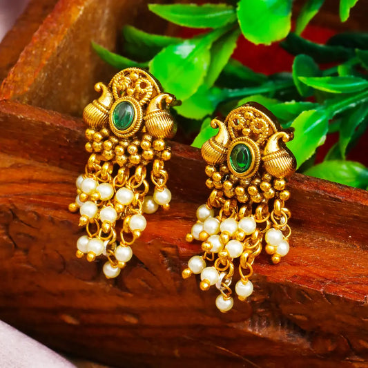 Antique Gold Minimal Bali Earrings – Pearl Drop Temple Style