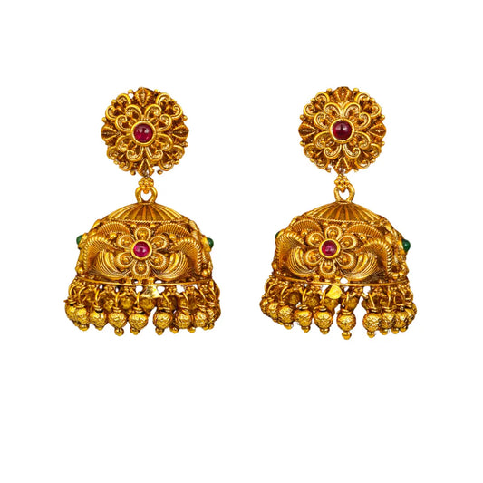 Classic Temple Floral Jhumkas – Gold-Plated Ethnic Earrings