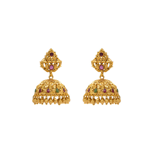 Antique-Finish Flower Petal Gold-Plated Jhumka