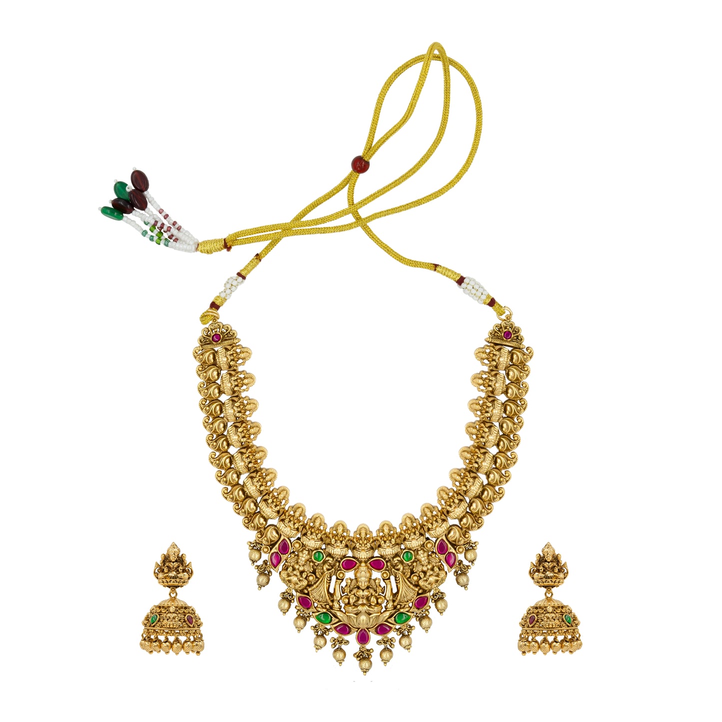 Heritage Ruby-Green Beaded Lakshmi short necklace Set J-150