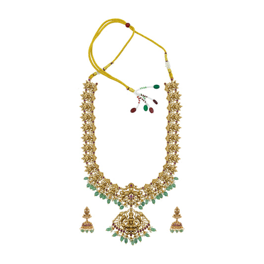 Antique Lakshmi Temple Long Necklace Set with Green Beads L-90