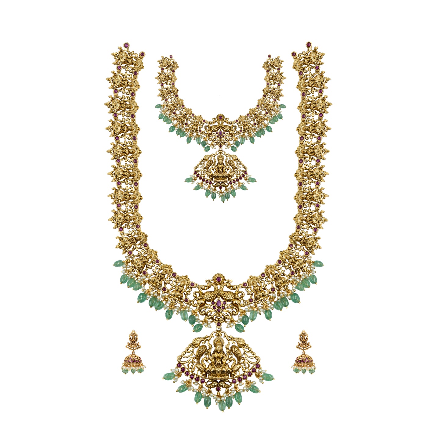 Lakshmi Gold necklace Set ewith green gemstones on a white background