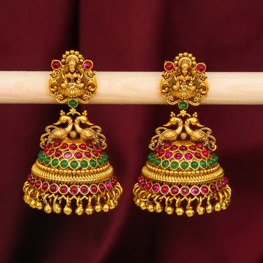 Heritage Ruby Temple Jhumkas – Gold-Plated Lakshmi Drops