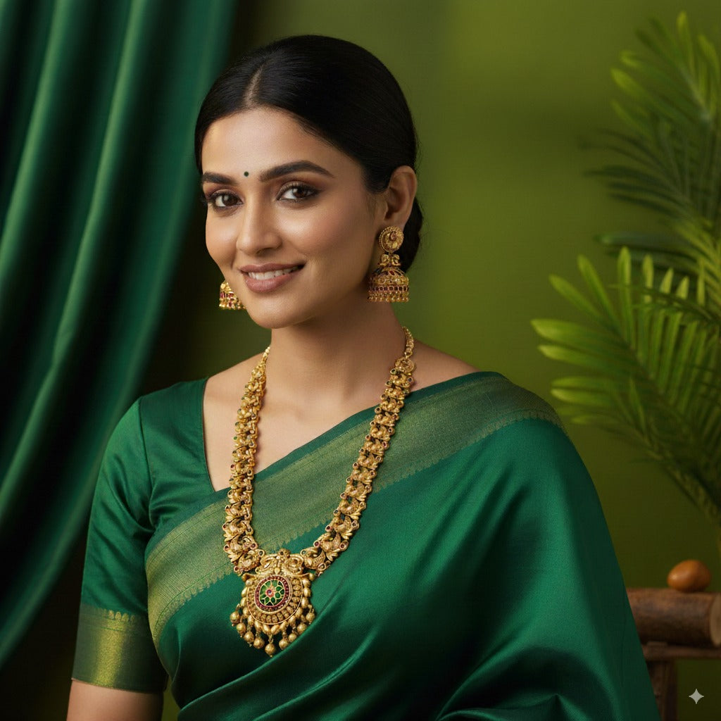 Woman in a green saree with gold jewelry against a green background