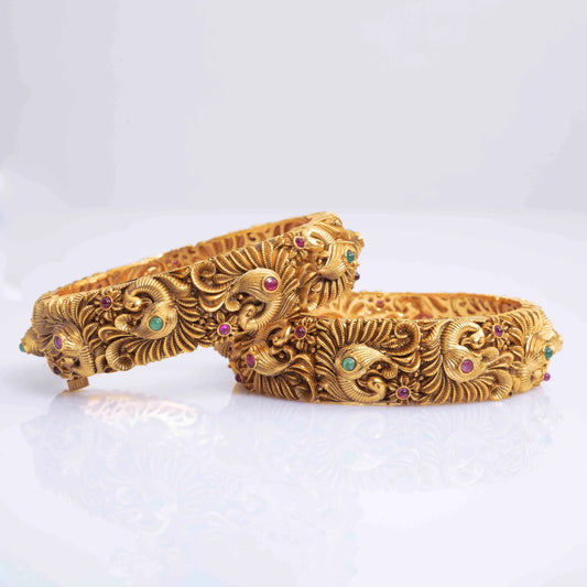 Royal Peacock Temple Bangle in Antique Gold V-1261