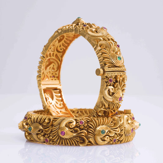 Royal Peacock Temple Bangle in Antique Gold V-1261