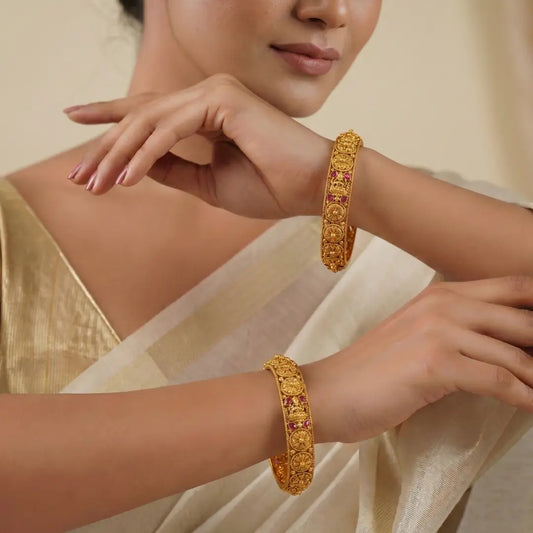 Padmavathi Rekha Paired Bangle | Gold-Plated Lotus Goddess Line Bangle Set V-2500