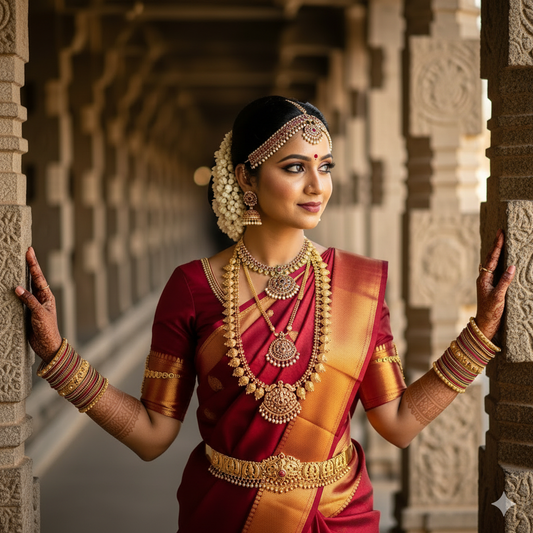South Indian bride wearing gold-plated temple jewellery set with necklace, bangles, kamarpatta, maang tikka and jhumkas – Top 7 Temple Jewellery Pieces Every Bride Should Own in 2025.