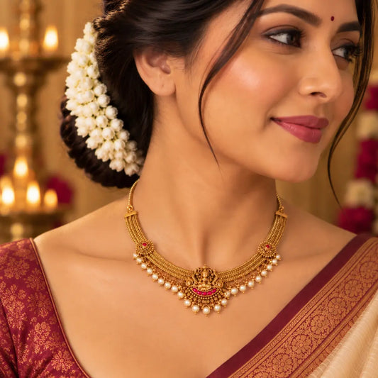 Lakshmi Temple Jewellery Short Necklace Set for South Indian Bridal Wear J-944