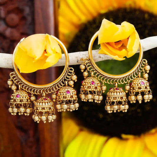 Antique Gold-Plated Bali with Three Jhumka T-29