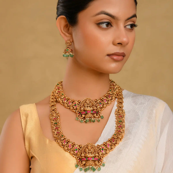 Gajalakshmi Bridal Combo Necklace Set | Gold-Plated Temple Jewellery J-1051N