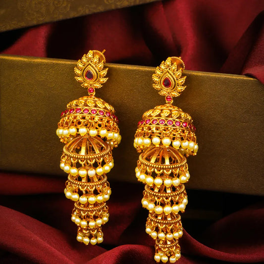  Abharana Shri Jhumka | Gold-Plated Lakshmi Temple Bridal Earrings