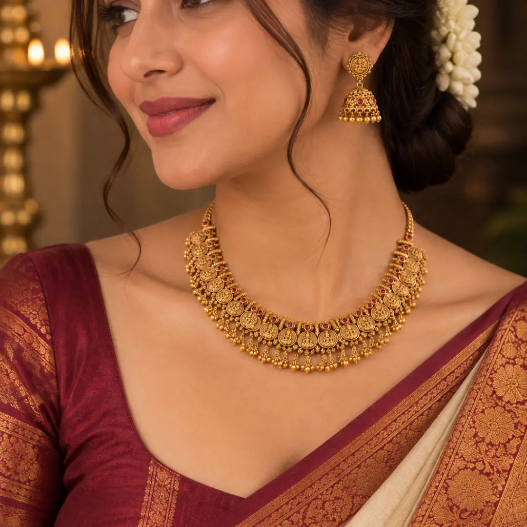 Annapurna Mukta Temple Jewellery Short Necklace Set with Pearls  K-1853