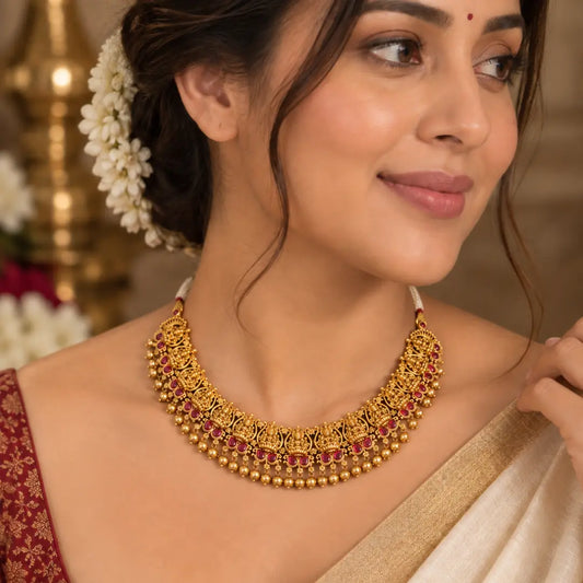 Anugraha Lakshmi Temple Jewellery Choker Set with Ruby Stones k-1911