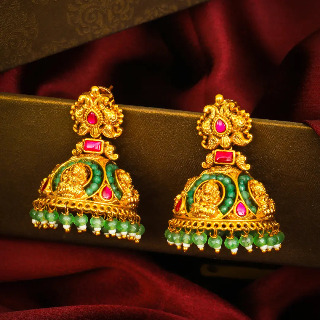Hamsa Pushpa Jhumka | Gold-Plated Swan Floral Temple Earrings