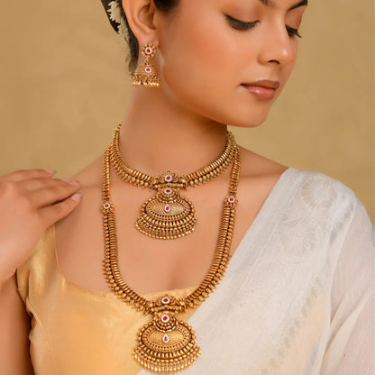 Mahalakshmi Kemp Combo Necklace Set | Gold-Plated Temple Jewellery  J-850N