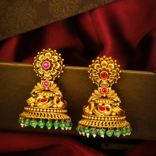 Ratna Garbha Jhumka | Gold-Plated Gemstone Temple Drop Earrings