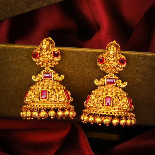 Kalinda Shri Laxmi Temple Jhumka – Ruby & Emerald Gold-Plated Earrings