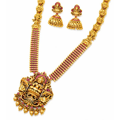 Antique Gold Lakshmi Lotus Long Necklace Set P-1113