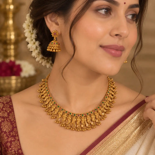 Mayura Dwiranga Temple Jewellery Short Necklace Set with Dual Tone K-1872