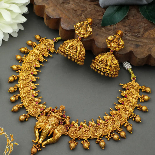 Elephant & Lakshmi Temple Short Necklace Set – Antique Finish K-629