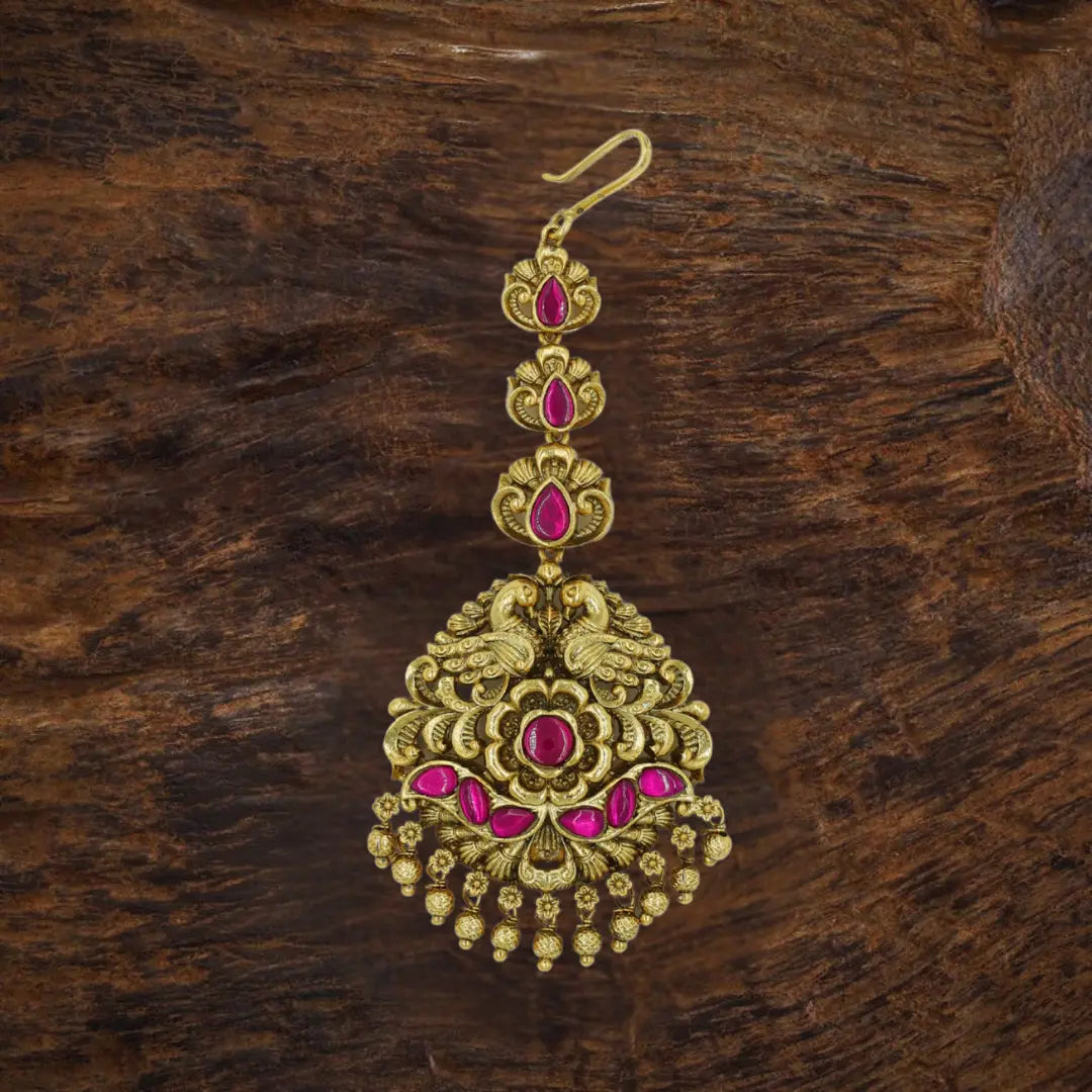Antique Gold Plated Maang Tikka with Pink Stones R-1775
