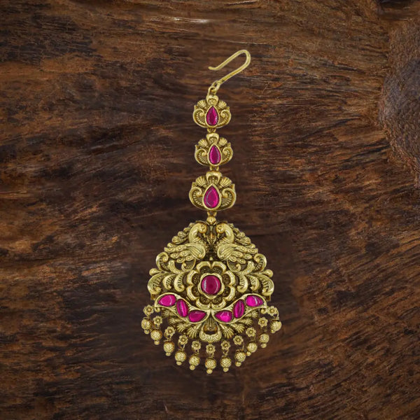 Antique Gold Plated Maang Tikka with Pink Stones R-1775