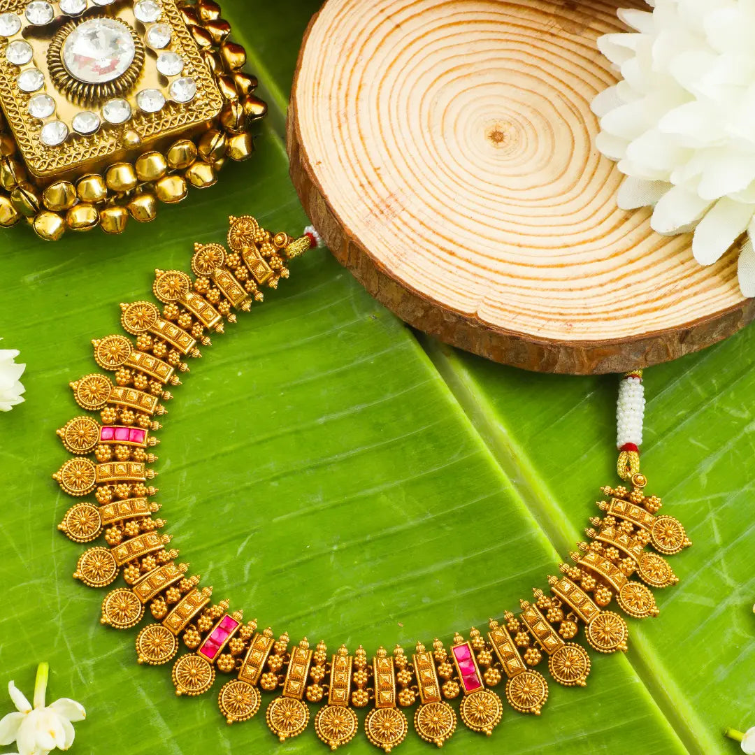 Rekha Chakra Temple Jewellery Short Necklace Set with Circular Motifs