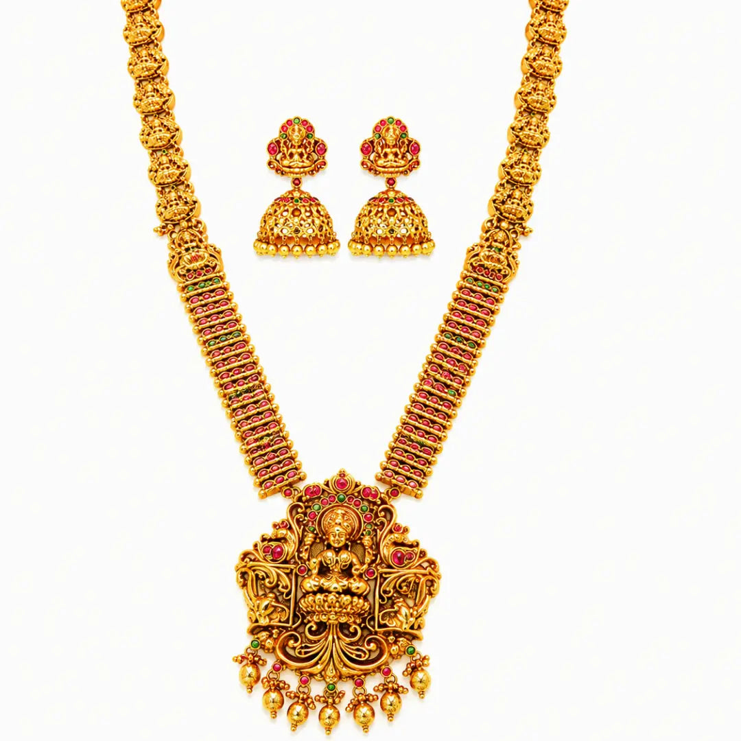 Antique Gold Lakshmi Lotus Long Necklace Set P-1113