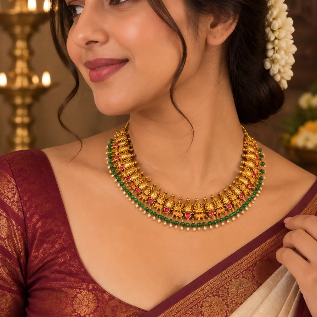 Prabhavathi Jhumka Temple Jewellery Short Necklace Set with Drops J-934