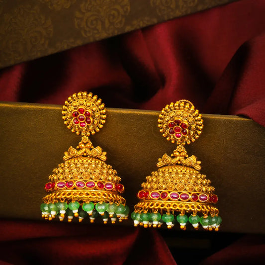 Vasudha Pushpa Jhumka | Gold-Plated Earth Floral Temple Earrings