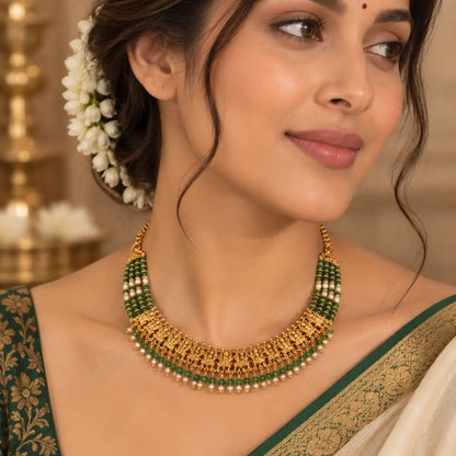 Haritashree Haram | Gold-Plated Green Goddess Temple Necklace Set K-1851