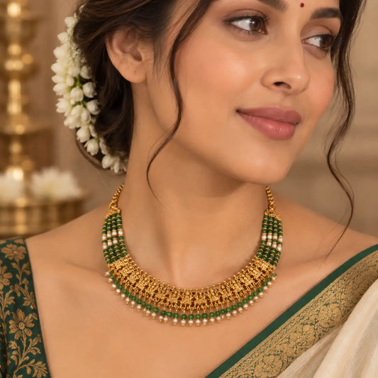 Haritashree Haram | Gold-Plated Green Goddess Temple Necklace Set K-1851