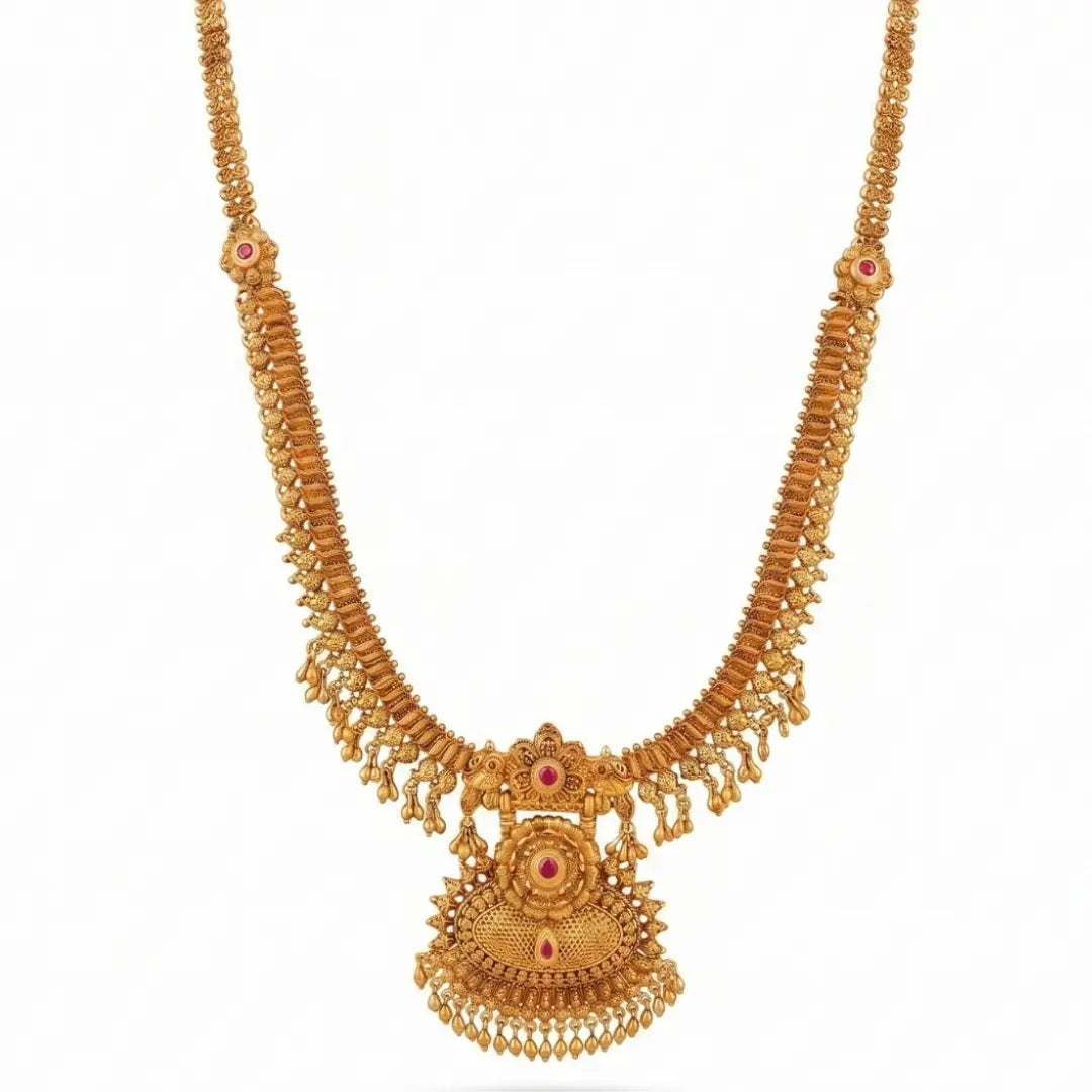 Saraswati Alankara Haram Long Necklace Set | Gold-Plated Temple Jewellery  J-851