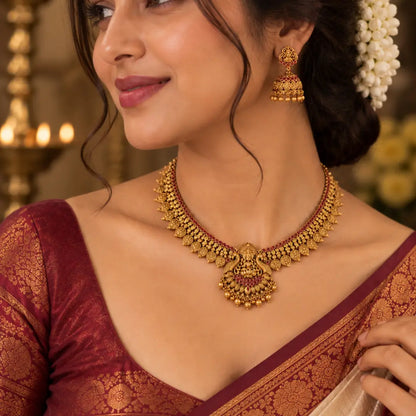 Swarna Kamalam Manga Haar Short Necklace Set | Gold-Plated Temple K-1893