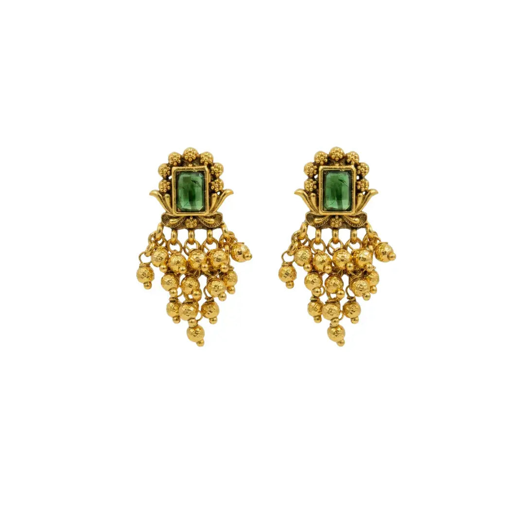 Emerald Gundla Gold Ball Temple Drop Earrings Bali R-2160